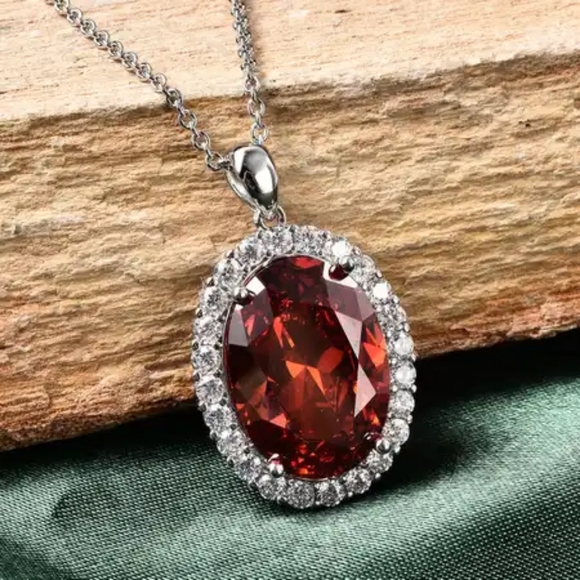 Red and White Diamond Simulate Halo Pendant Stainless Steel Necklace - Picture 2 of 5